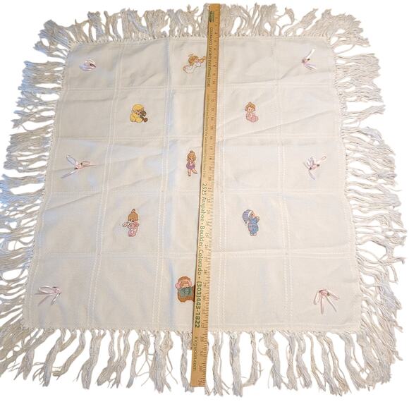 Vintage Handmade Baby Blanket w/ Embroidered Kids & Fringe Edges 36"x36" - Picture 4 of 16